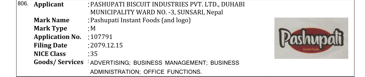 Original bulletin entry for Pashupati Instant Foods (and logo)