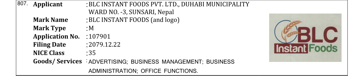 Original bulletin entry for BLC INSTANT FOODS (and logo)
