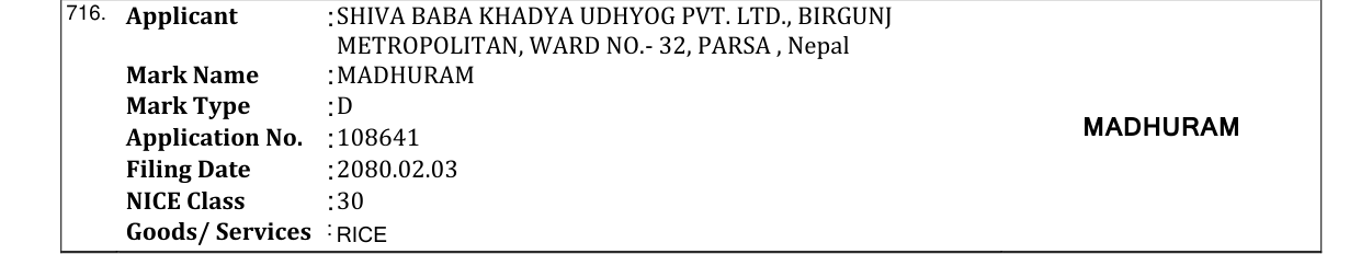 Original bulletin entry for MADHURAM