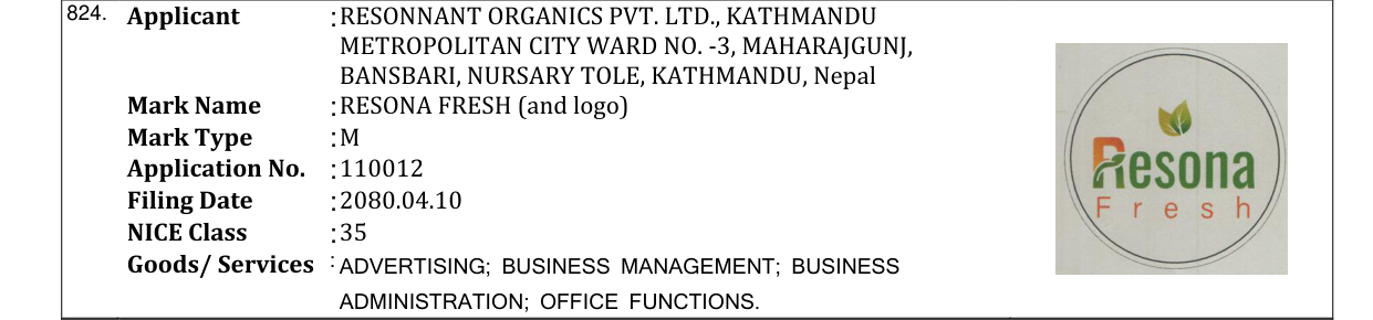 Original bulletin entry for RESONA FRESH (and logo)
