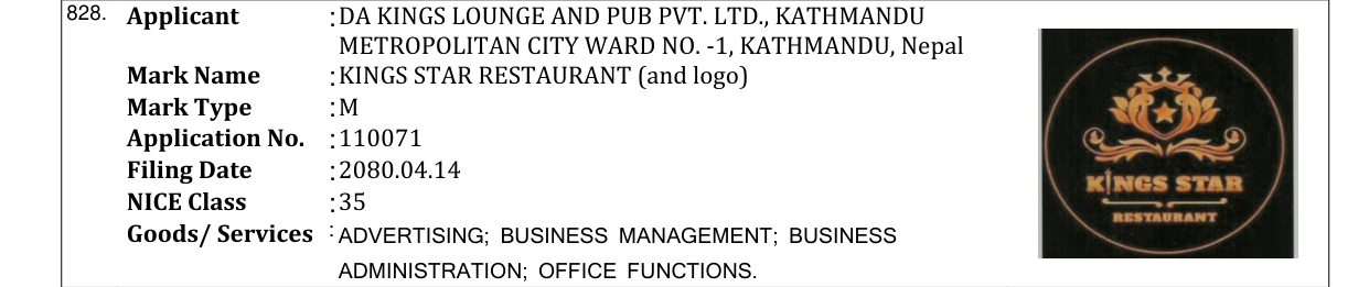 Original bulletin entry for KINGS STAR RESTAURANT (and logo)