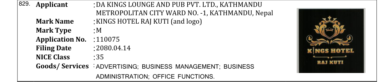 Original bulletin entry for KINGS HOTEL RAJ KUTI (and logo)