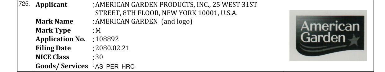 Original bulletin entry for AMERICAN GARDEN (and logo)