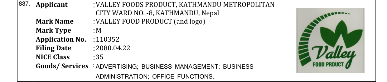 Original bulletin entry for VALLEY FOOD PRODUCT (and logo)