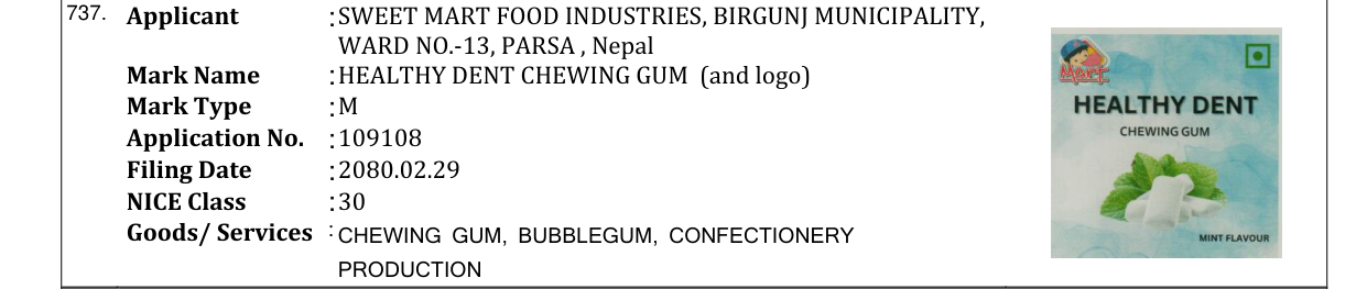 Original bulletin entry for HEALTHY DENT CHEWING GUM (and logo)