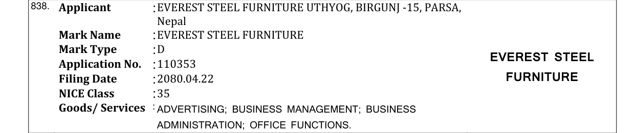 Original bulletin entry for EVEREST STEEL FURNITURE