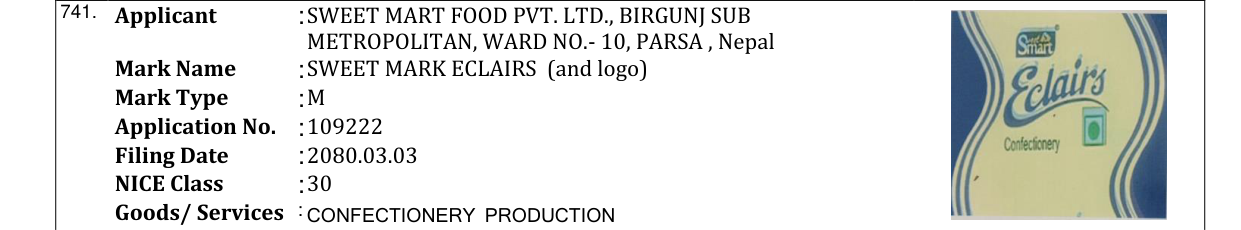 Original bulletin entry for SWEET MARK ECLAIRS (and logo)