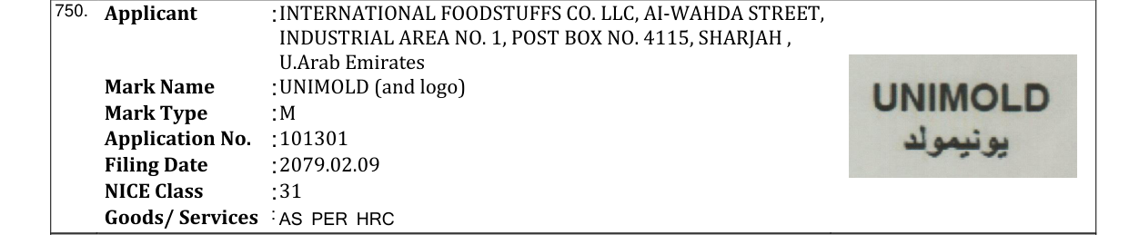 Original bulletin entry for UNIMOLD (and logo)