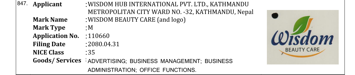 Original bulletin entry for WISDOM BEAUTY CARE (and logo)