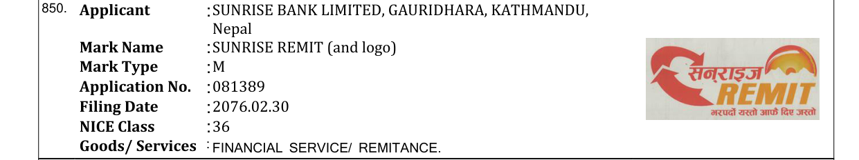Original bulletin entry for SUNRISE REMIT (and logo)