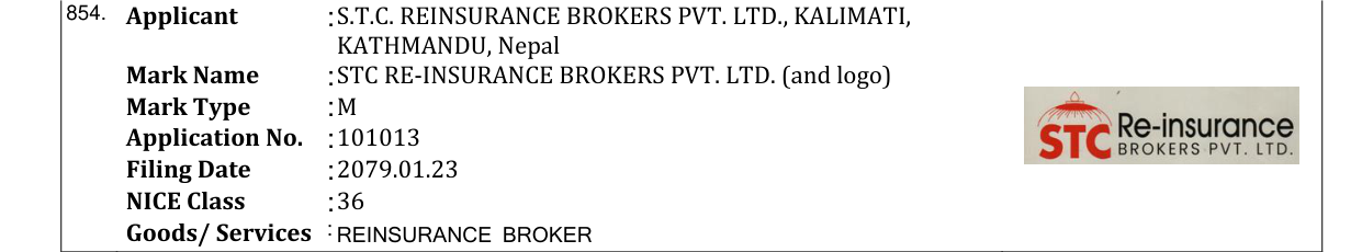 Original bulletin entry for STC RE-INSURANCE BROKERS PVT. LTD. (and logo)