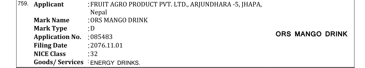 Original bulletin entry for ORS MANGO DRINK