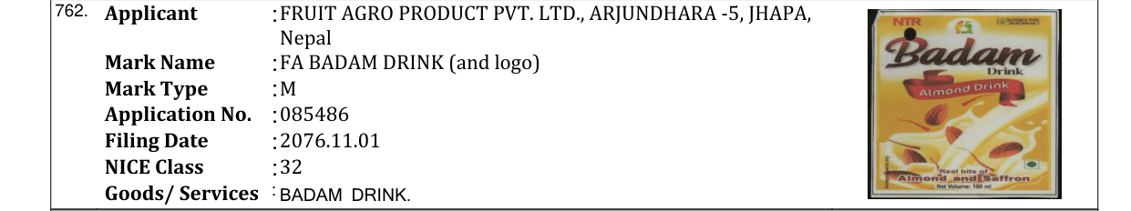Original bulletin entry for FA BADAM DRINK (and logo)