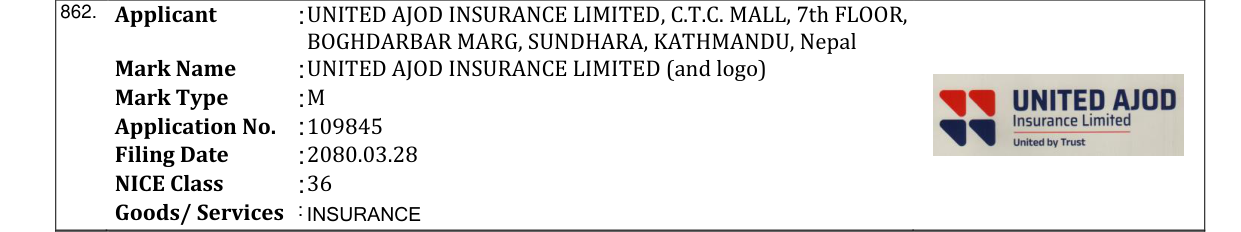 Original bulletin entry for UNITED AJOD INSURANCE LIMITED (and logo)