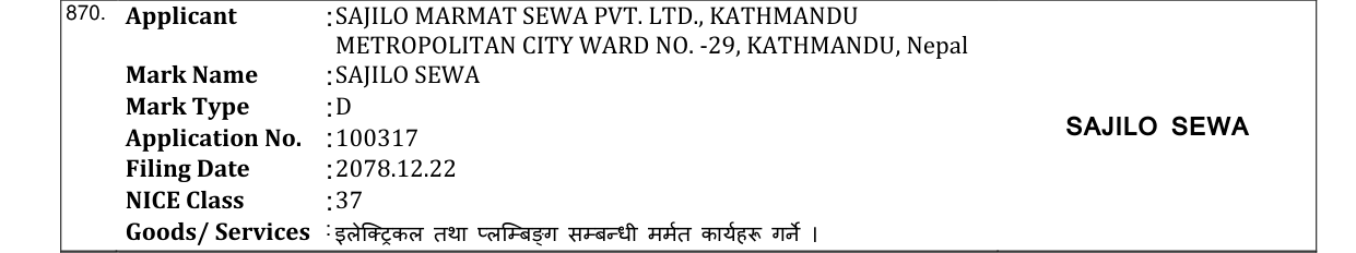 Original bulletin entry for SAJILO SEWA