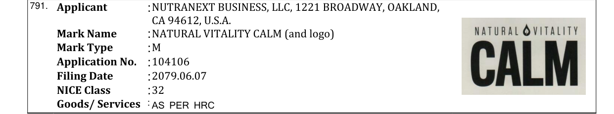 Original bulletin entry for NATURAL VITALITY CALM (and logo)