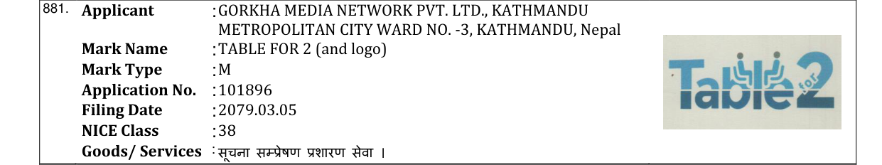 Original bulletin entry for TABLE FOR 2 (and logo)