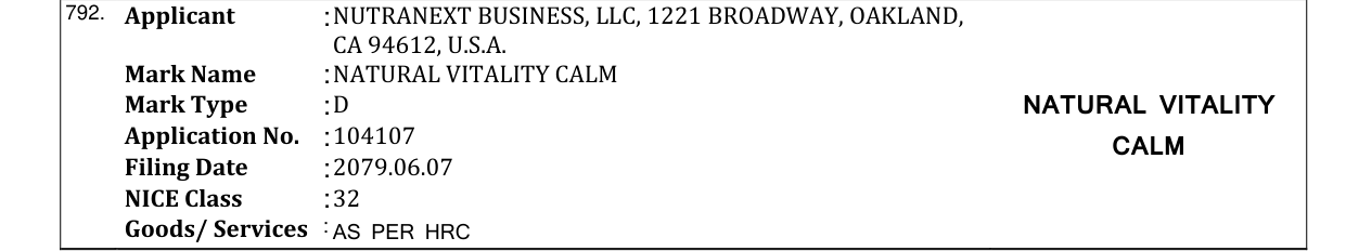 Original bulletin entry for NATURAL VITALITY CALM
