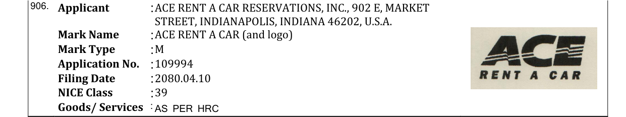 Original bulletin entry for ACE RENT A CAR (and logo)