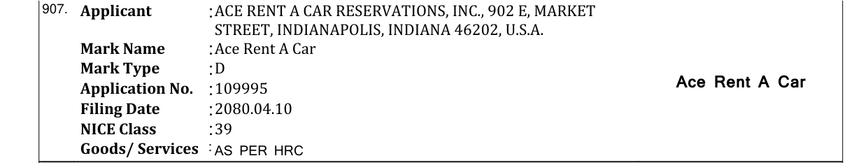 Original bulletin entry for Ace Rent A Car