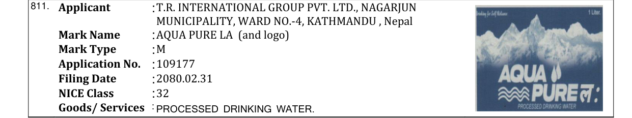Original bulletin entry for AQUA PURE LA (and logo)
