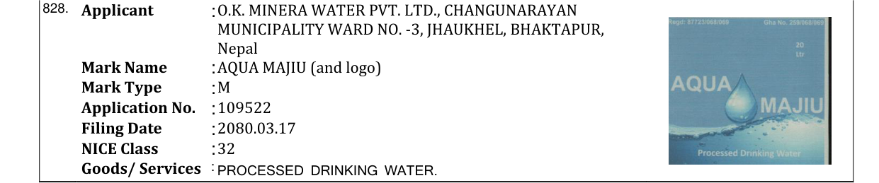 Original bulletin entry for AQUA MAJIU (and logo)