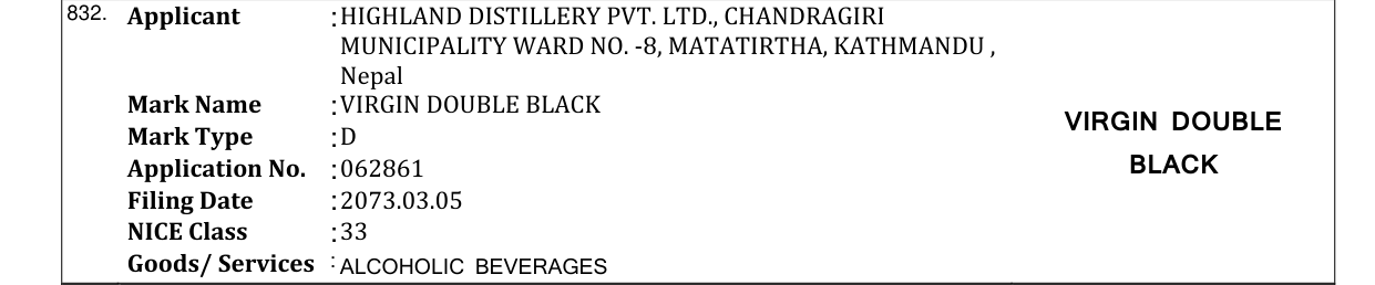 Original bulletin entry for VIRGIN DOUBLE BLACK VIRGIN DOUBLE