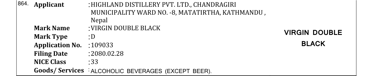 Original bulletin entry for VIRGIN DOUBLE BLACK VIRGIN DOUBLE