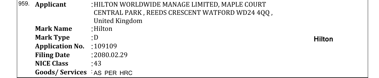 Original bulletin entry for Hilton