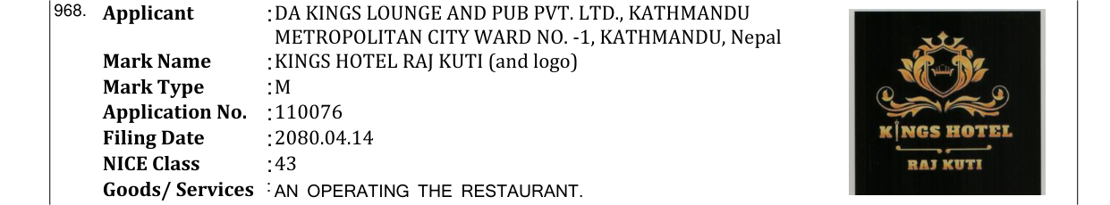 Original bulletin entry for KINGS HOTEL RAJ KUTI (and logo)