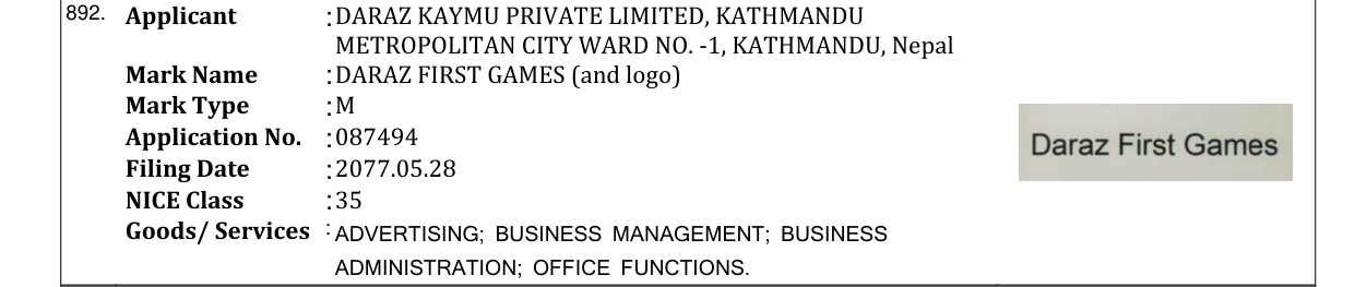 Original bulletin entry for DARAZ FIRST GAMES (and logo)