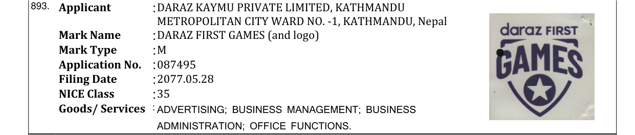 Original bulletin entry for DARAZ FIRST GAMES (and logo)
