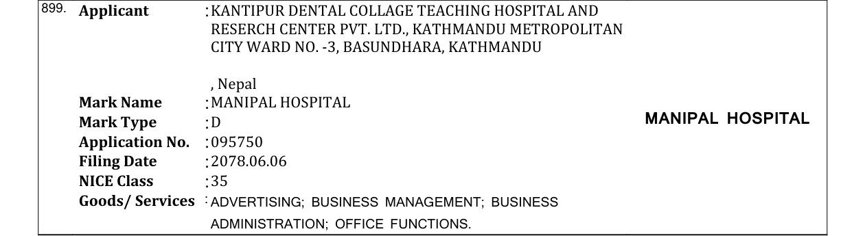 Original bulletin entry for MANIPAL HOSPITAL