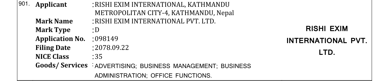 Original bulletin entry for RISHI EXIM INTERNATIONAL PVT. LTD.