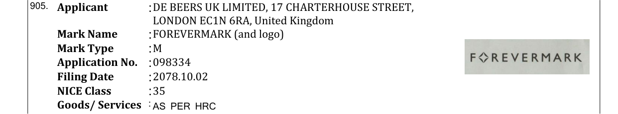 Original bulletin entry for FOREVERMARK (and logo)
