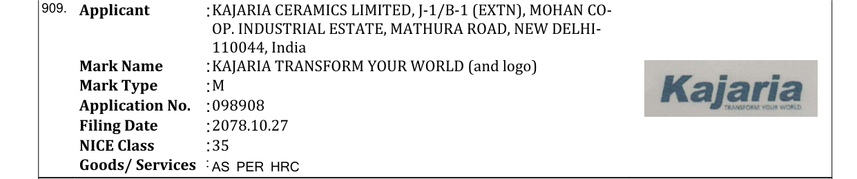 Original bulletin entry for KAJARIA TRANSFORM YOUR WORLD (and logo)