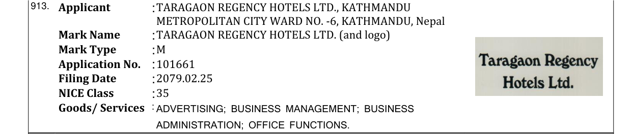 Original bulletin entry for TARAGAON REGENCY HOTELS LTD. (and logo)