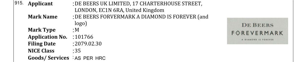 Original bulletin entry for DE BEERS FORVERMARK A DIAMOND IS FOREVER (and logo)