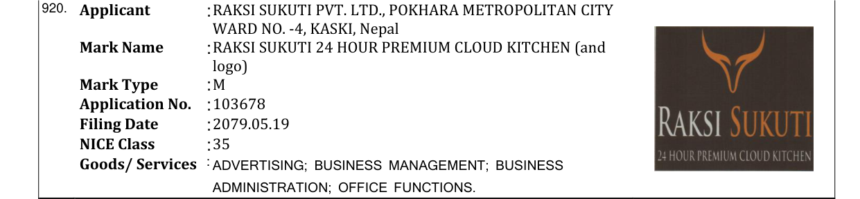 Original bulletin entry for RAKSI SUKUTI 24 HOUR PREMIUM CLOUD KITCHEN (and logo)
