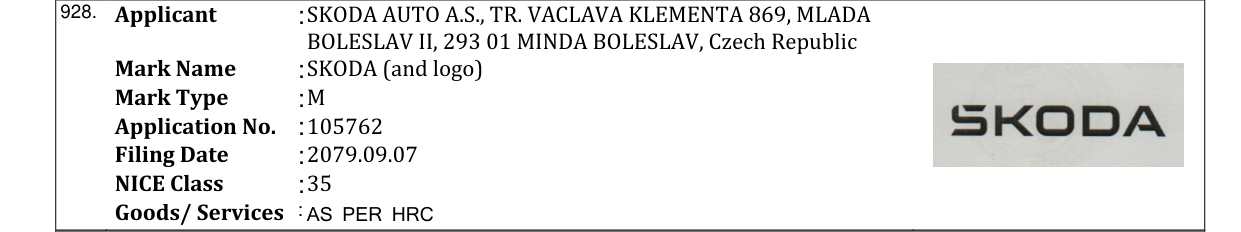 Original bulletin entry for SKODA (and logo)