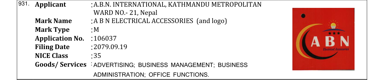 Original bulletin entry for A B N ELECTRICAL ACCESSORIES (and logo)