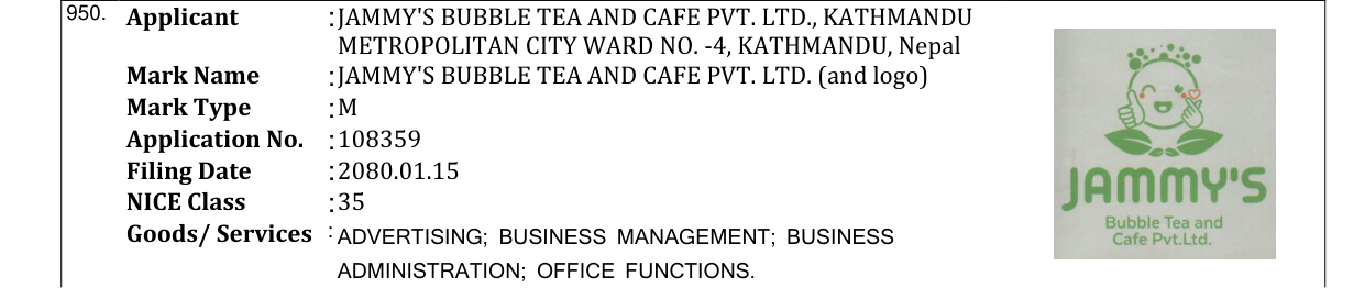 Original bulletin entry for JAMMY'S BUBBLE TEA AND CAFE PVT. LTD. (and logo)