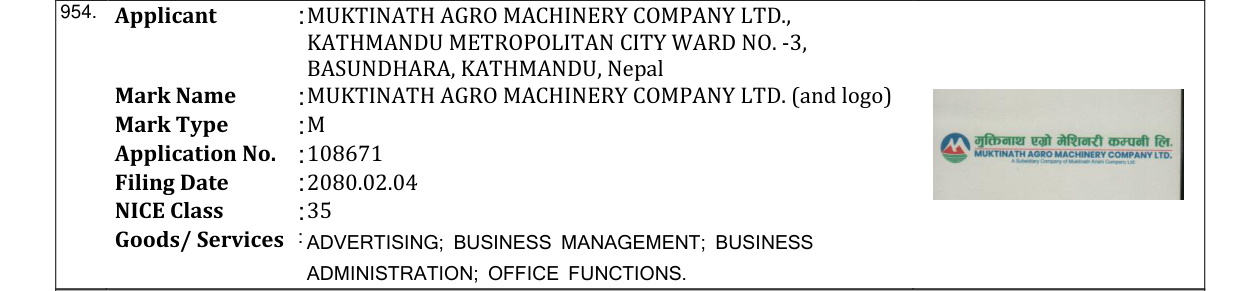 Original bulletin entry for MUKTINATH AGRO MACHINERY COMPANY LTD. (and logo)