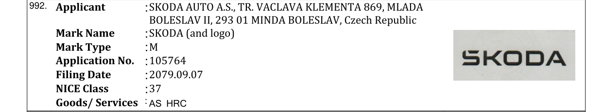 Original bulletin entry for SKODA (and logo)
