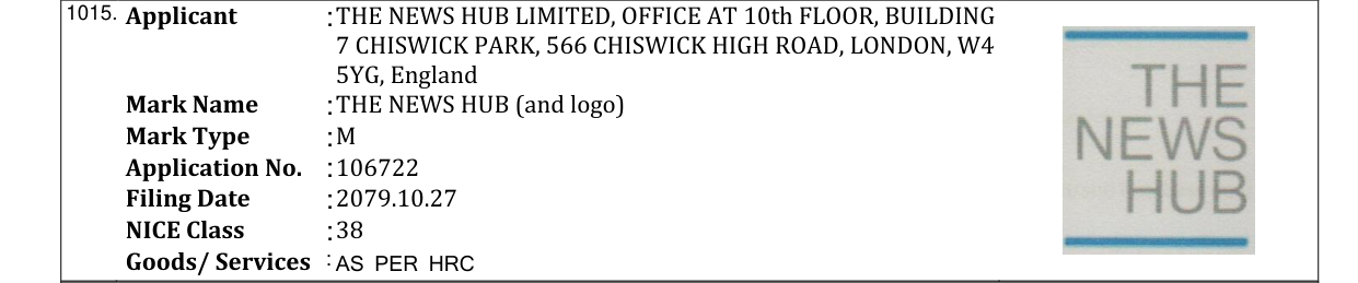 Original bulletin entry for THE NEWS HUB (and logo)
