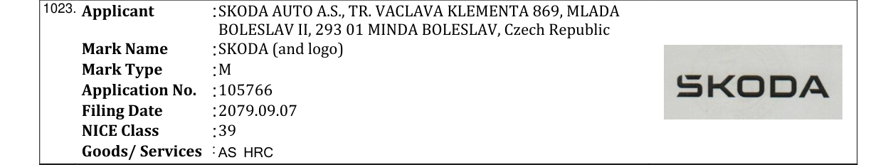 Original bulletin entry for SKODA (and logo)
