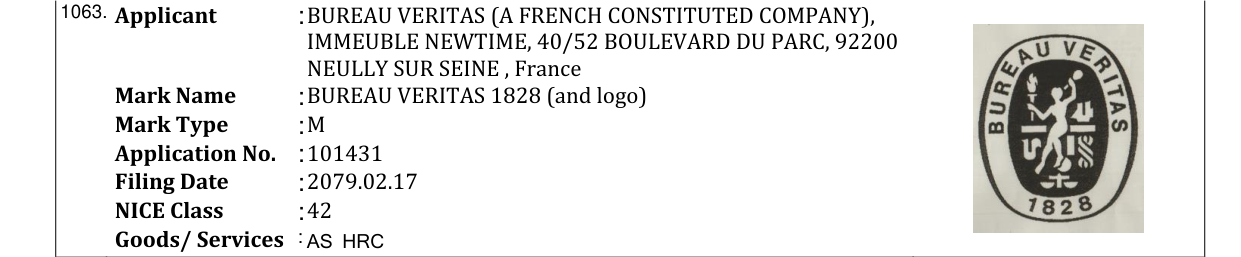 Original bulletin entry for BUREAU VERITAS 1828 (and logo)