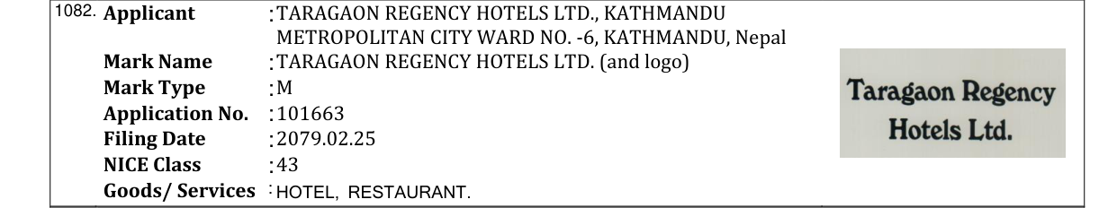 Original bulletin entry for TARAGAON REGENCY HOTELS LTD. (and logo)