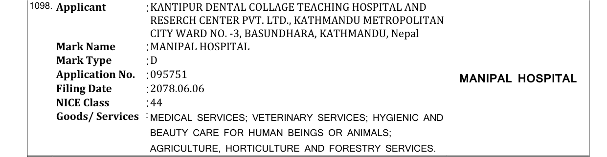 Original bulletin entry for MANIPAL HOSPITAL