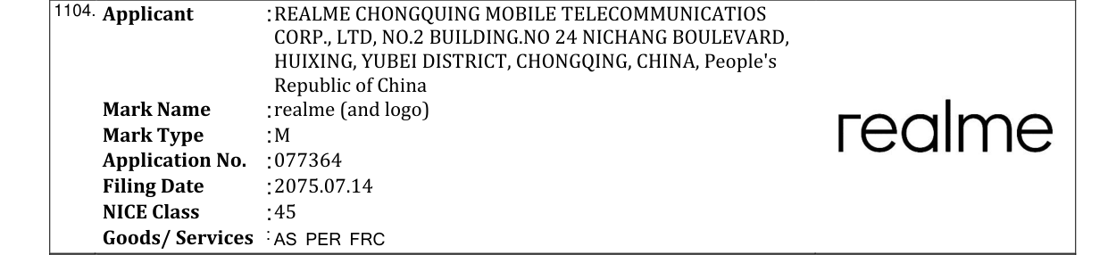 Original bulletin entry for realme (and logo)